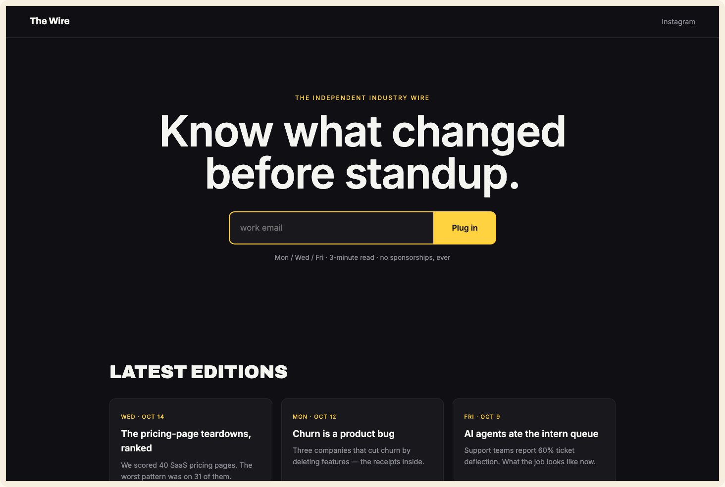 Snapshot of the Wire theme — a dark industry newsletter with loud proof numbers