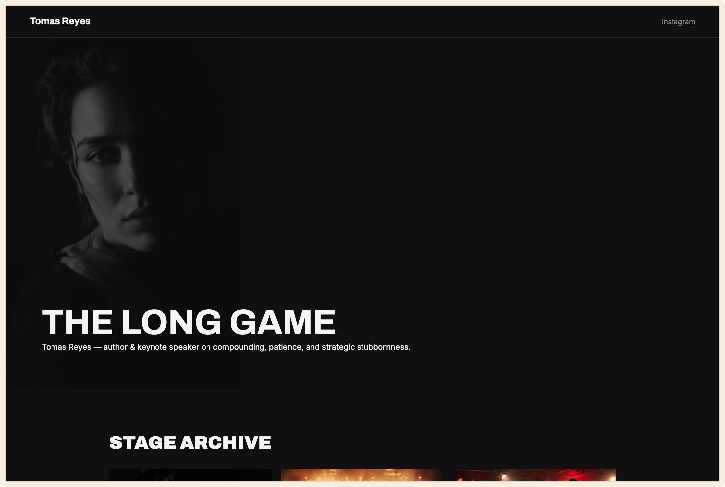 Snapshot of the Press Room theme — a bold monochrome speaker site featuring a book