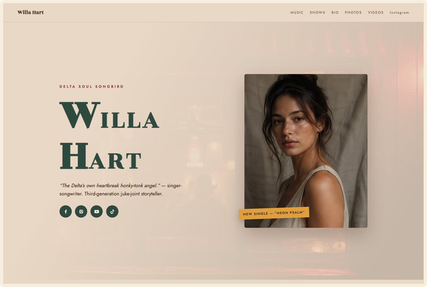 Snapshot of the Willa theme — a country-soul artist site with split-letter hero and dusk-sand palette