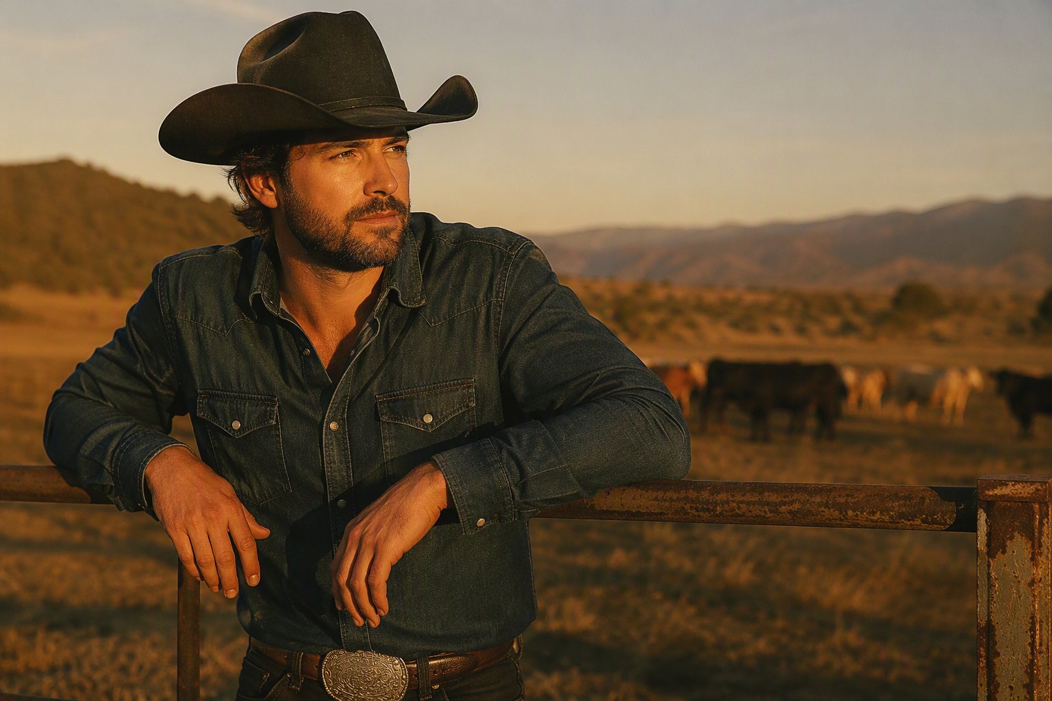 Wade Hollis — denim western shirt, leaning on a rail fence